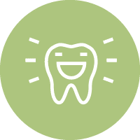 Happy tooth with smile lines on green circular background, dental care icon.