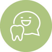Smiling tooth character with speech bubble on green background representing dental care communication.