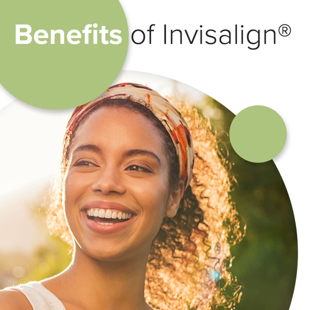 Smiling woman wearing headscarf outdoors with "Benefits of Invisalign" text displayed.