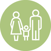 Family of three standing together on green circular background icon.
