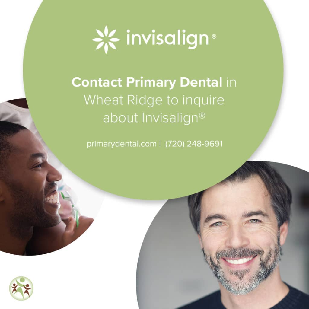 Two men smiling with Invisalign branding and Contact Primary Dental information displayed.