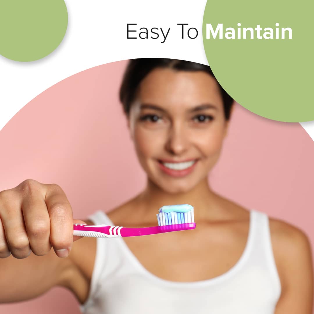Woman holding pink toothbrush, smiling, with "Easy To Maintain" text overlay on green and pink background.
