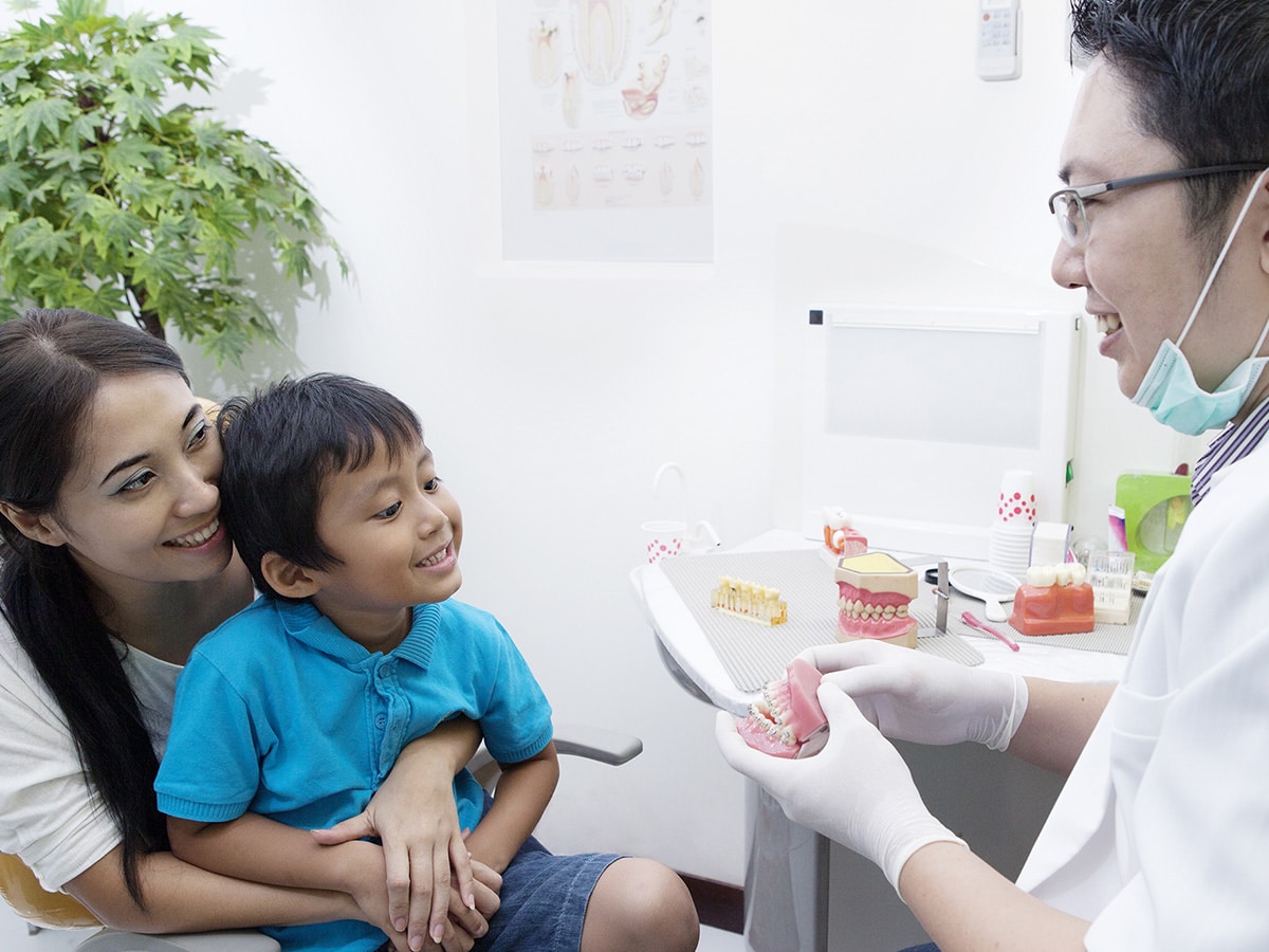 Image of two people looking at teeth models